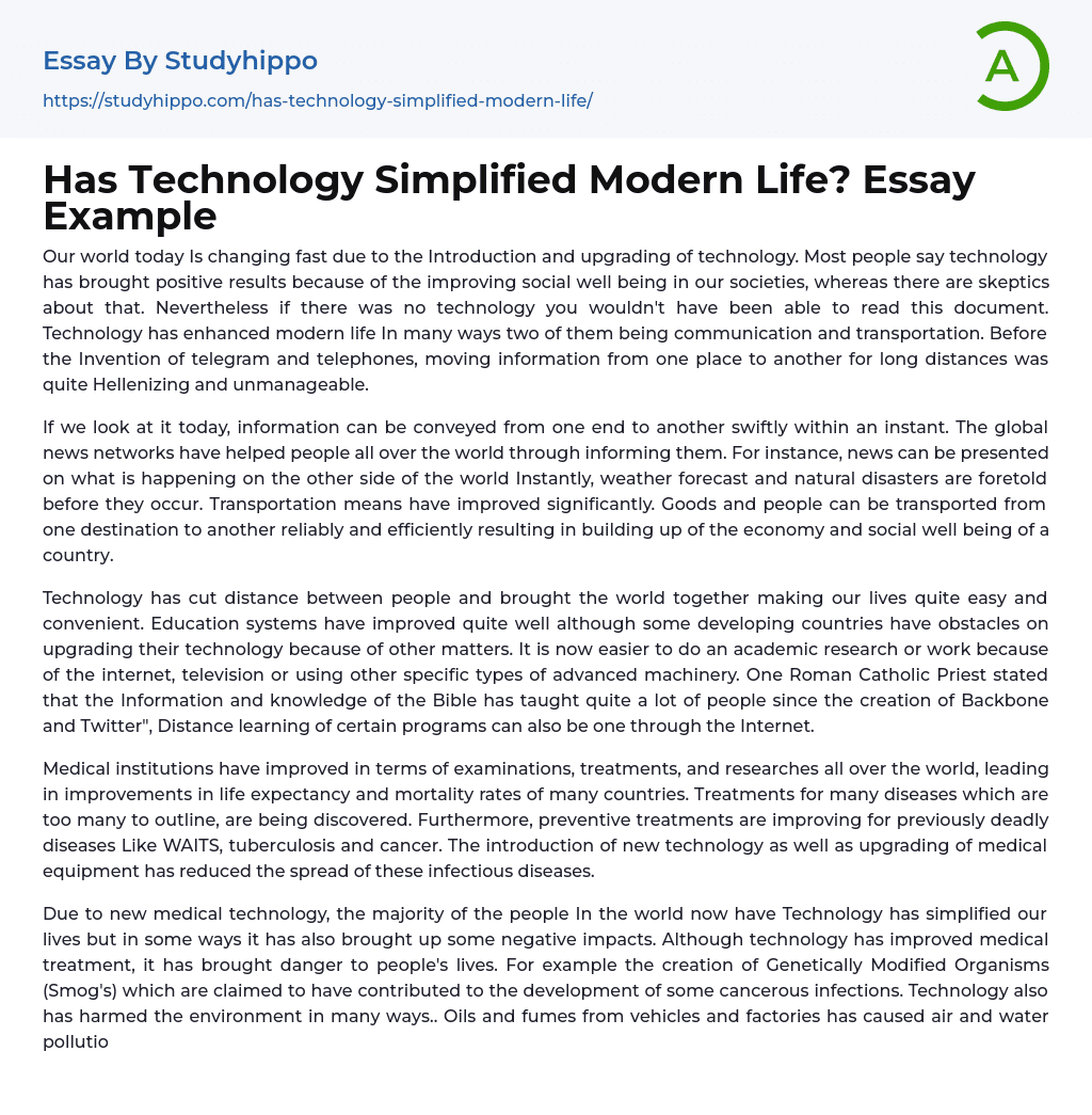 Has Technology Simplified Modern Life? Essay Example