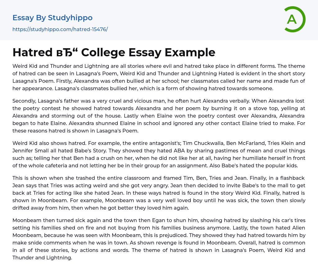 Hatred College Essay Example