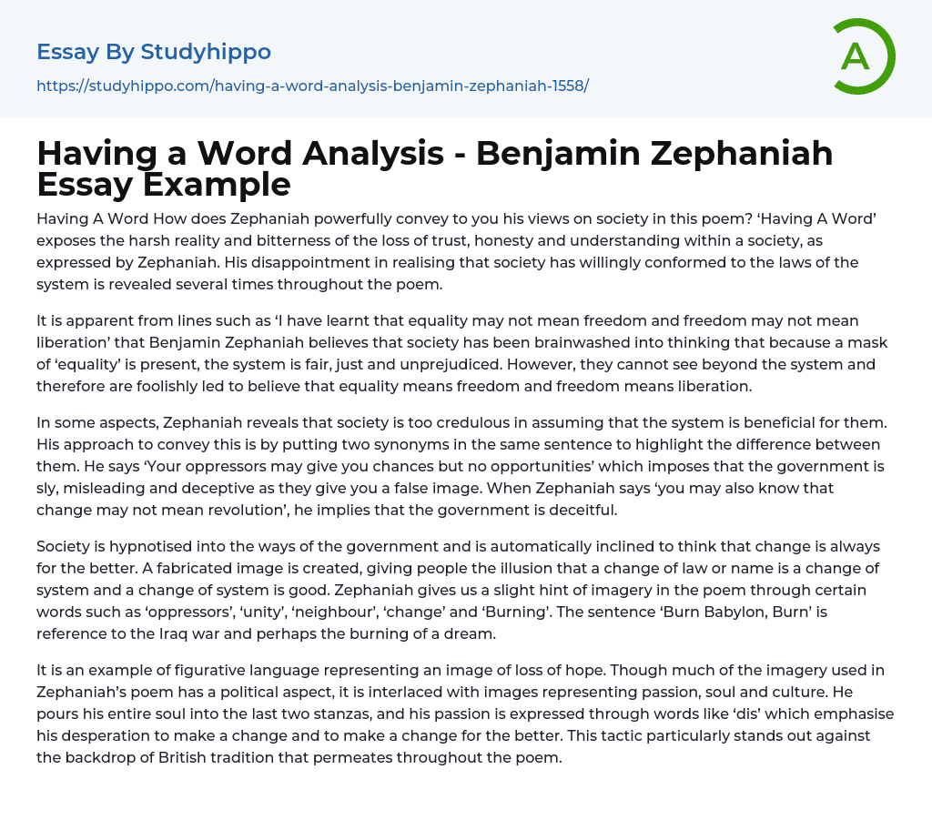 Having a Word Analysis – Benjamin Zephaniah Essay Example