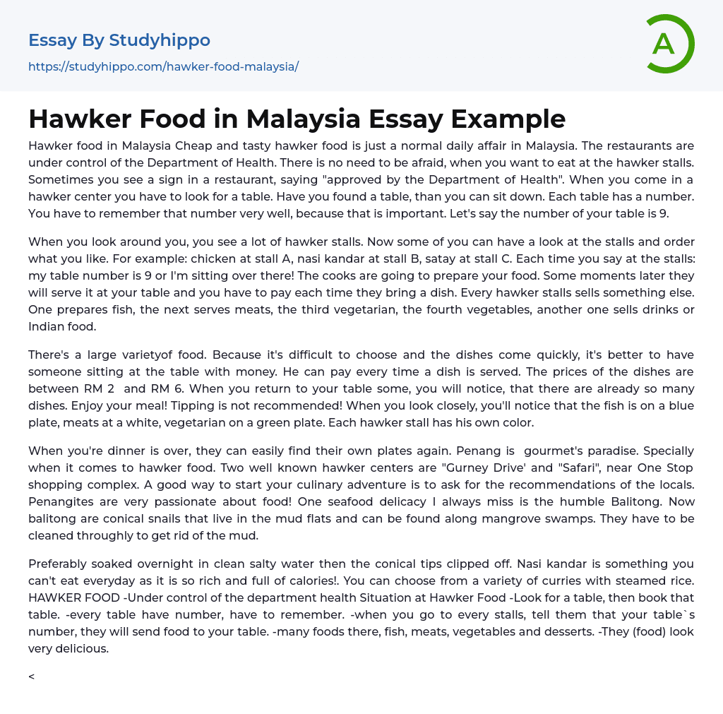 Hawker Food in Malaysia Essay Example