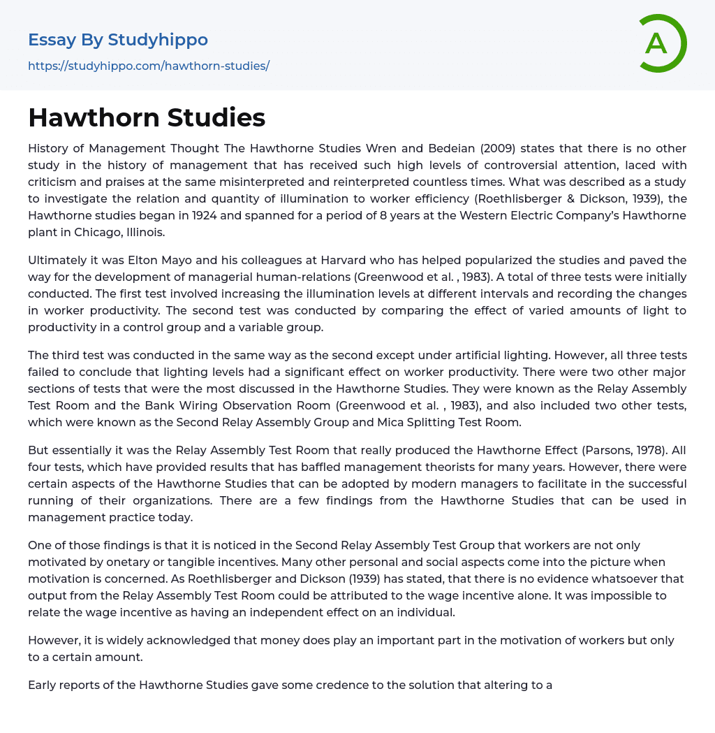 Hawthorn Studies Essay Example