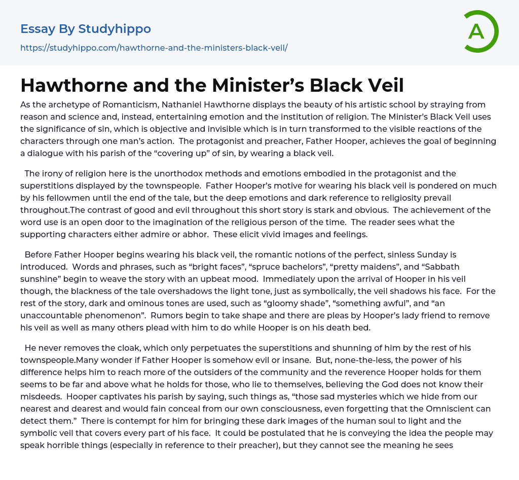 Hawthorne and the Minister’s Black Veil Essay Example