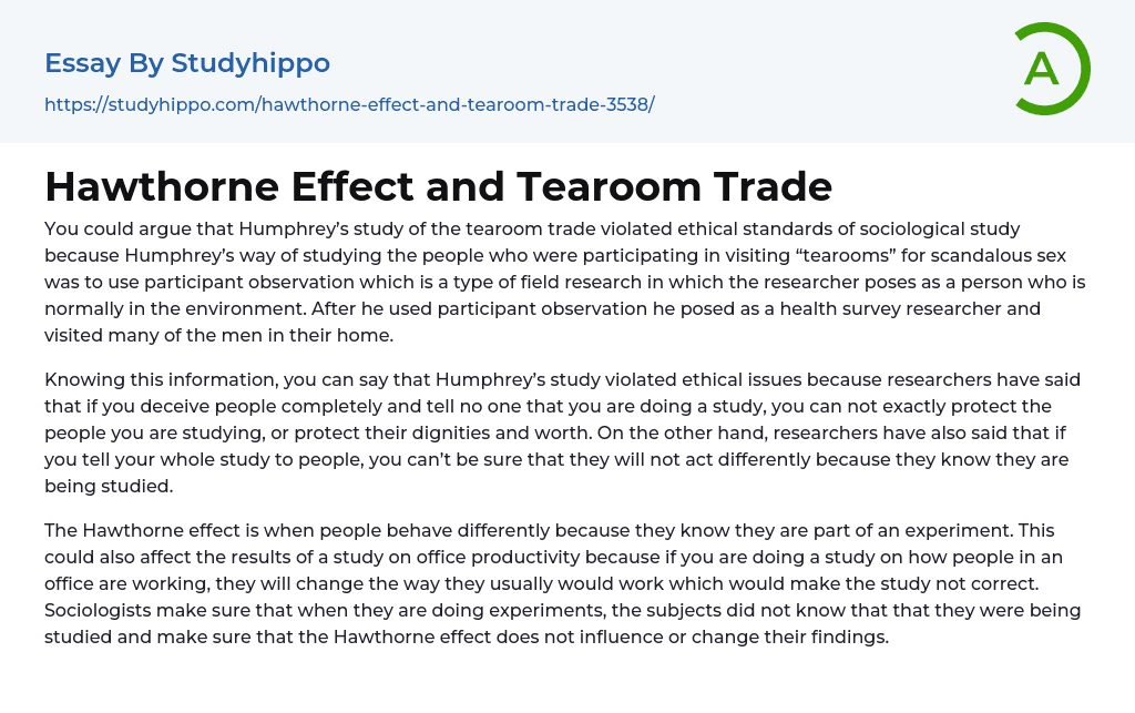 Hawthorne Effect and Tearoom Trade Essay Example