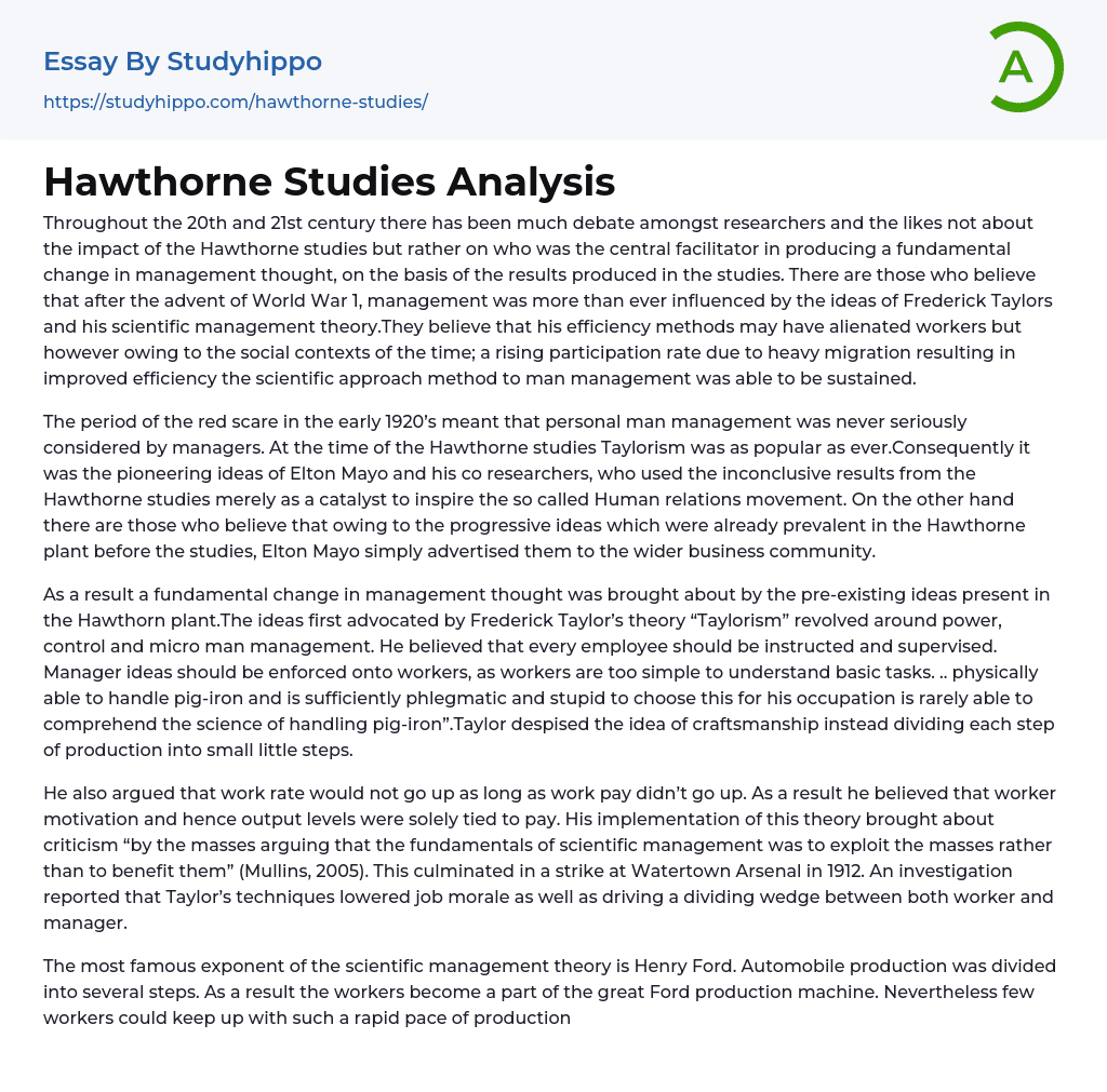 Hawthorne Studies Analysis Essay Example