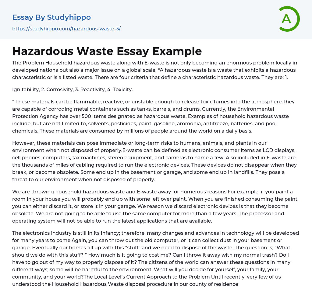 Hazardous Waste Essay Example