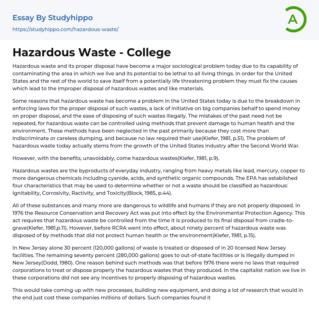Hazardous Waste – College Essay Example