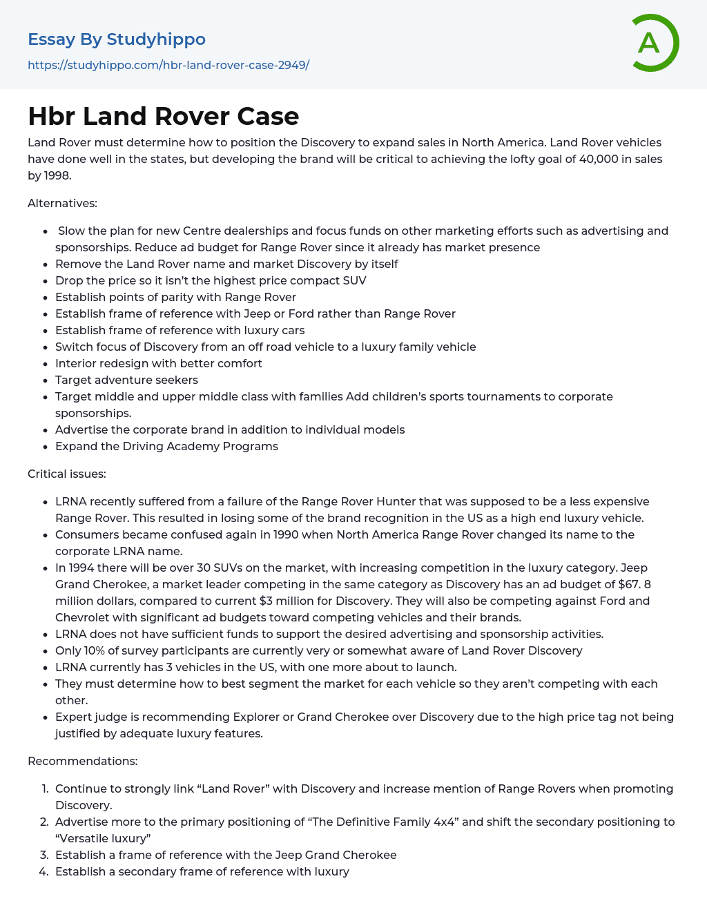 Hbr Land Rover Case Essay Example