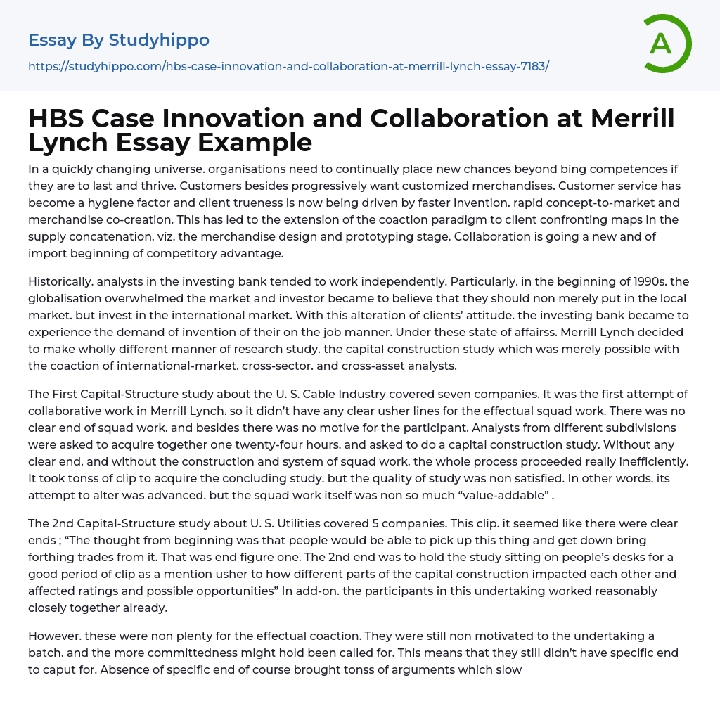 HBS Case Innovation and Collaboration at Merrill Lynch Essay Example