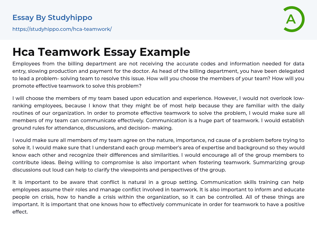 Hca Teamwork Essay Example