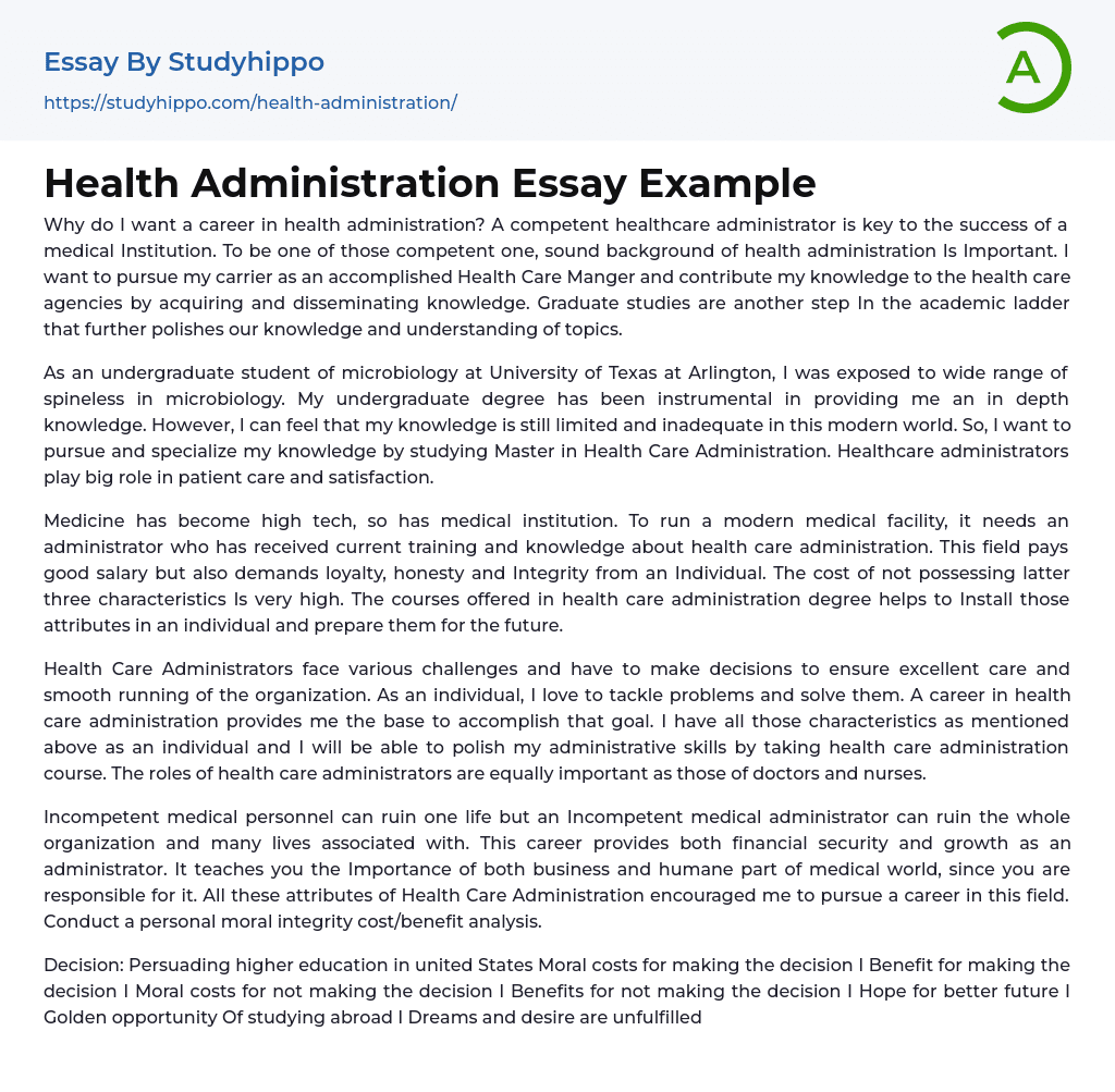 Health Administration Essay Example