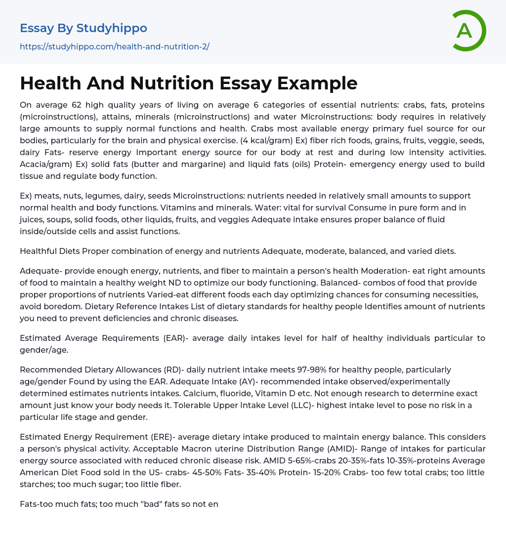 Health And Nutrition Essay Example