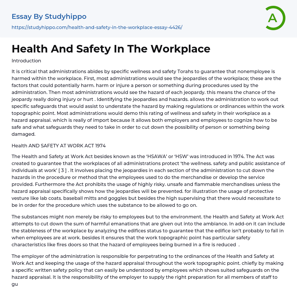 Health And Safety In The Workplace Essay Example