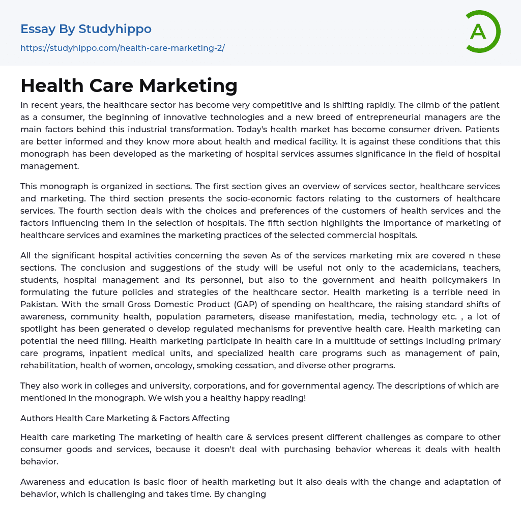 Health Care Marketing Essay Example