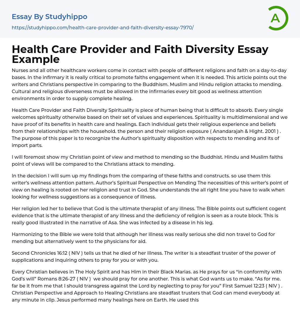 Health Care Provider and Faith Diversity Essay Example