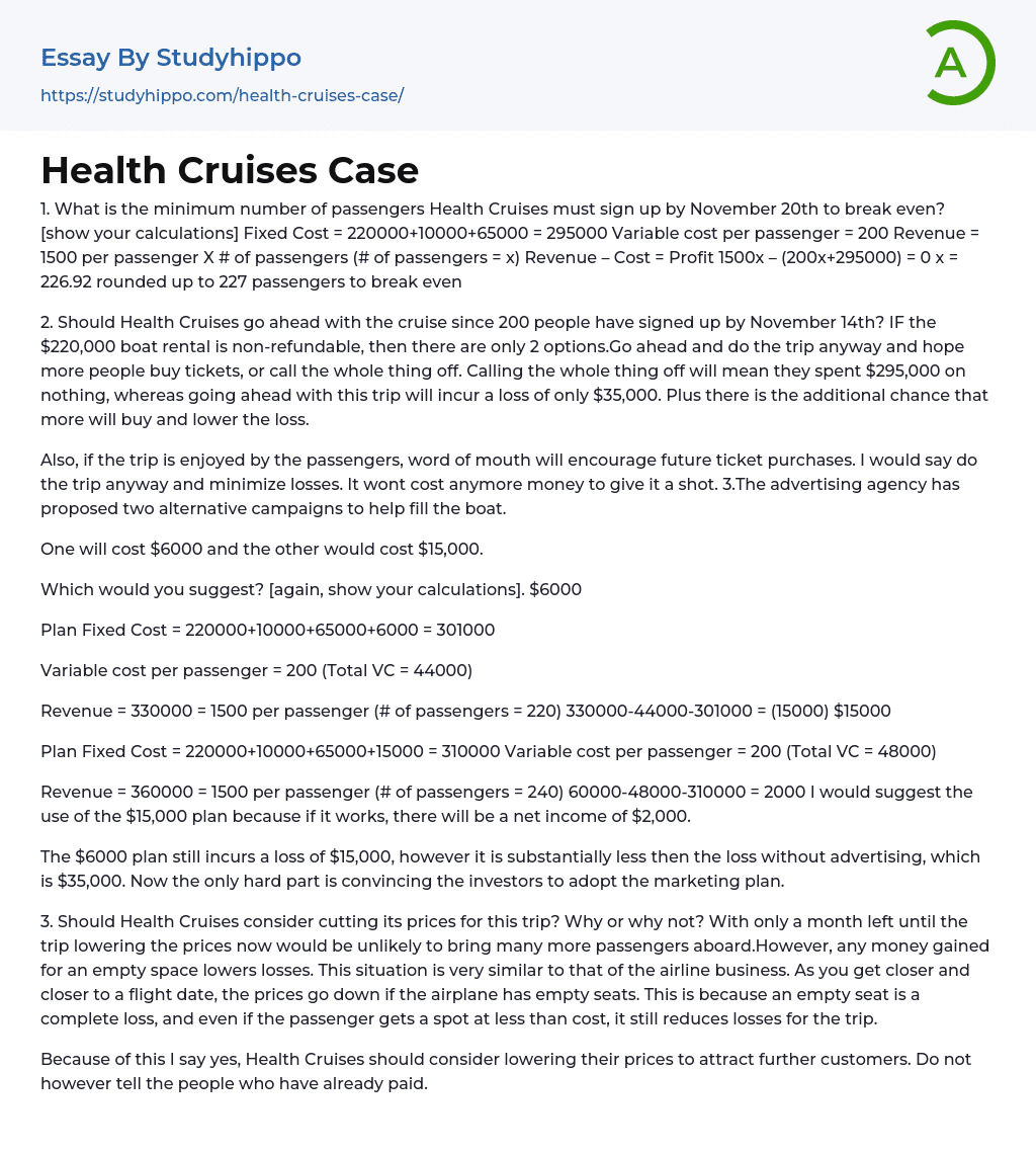 Health Cruises Case Essay Example