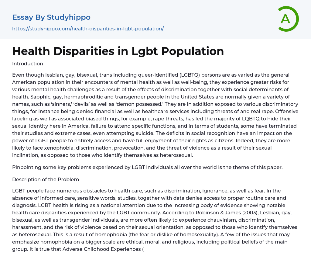 Health Disparities in Lgbt Population Essay Example
