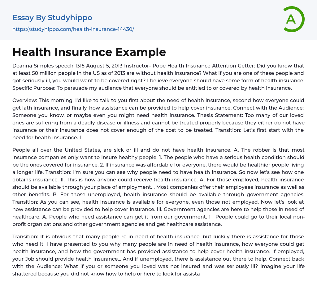 Health Insurance Example Essay Example