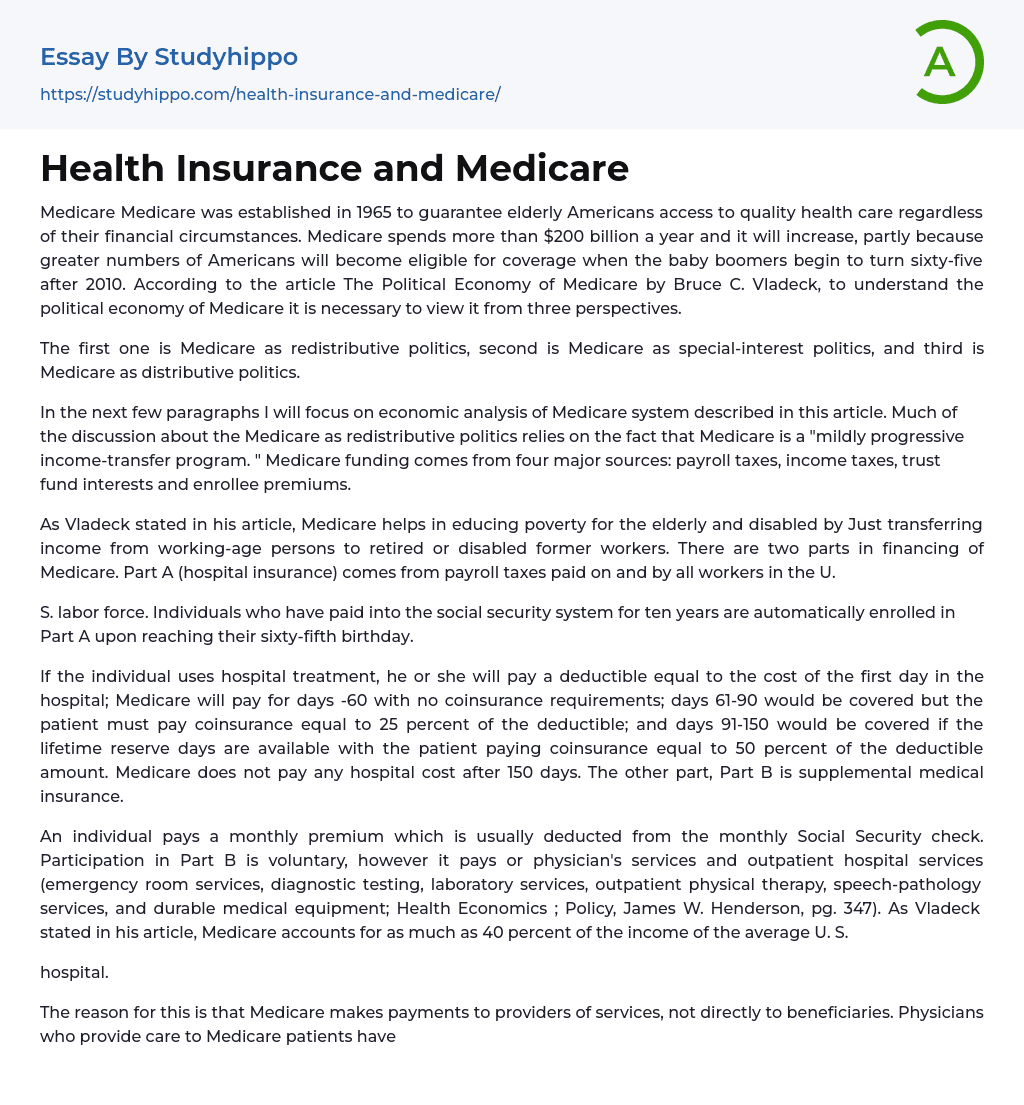 Health Insurance and Medicare Essay Example