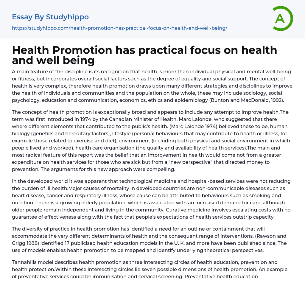 Health Promotion has practical focus on health and well being Essay Example