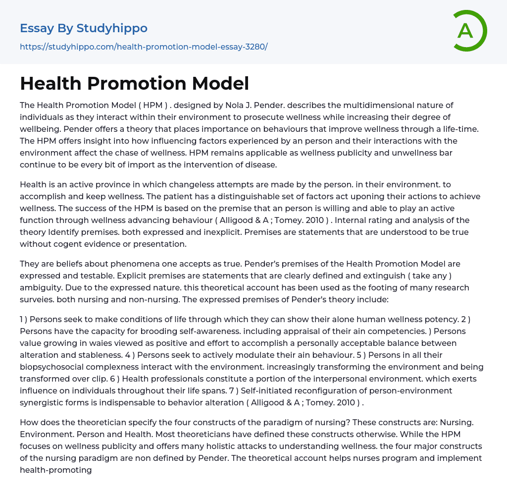 Health Promotion Model Essay Example