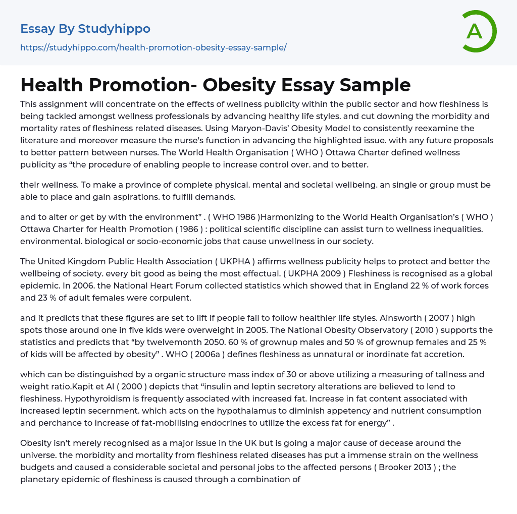 Health Promotion- Obesity Essay Sample