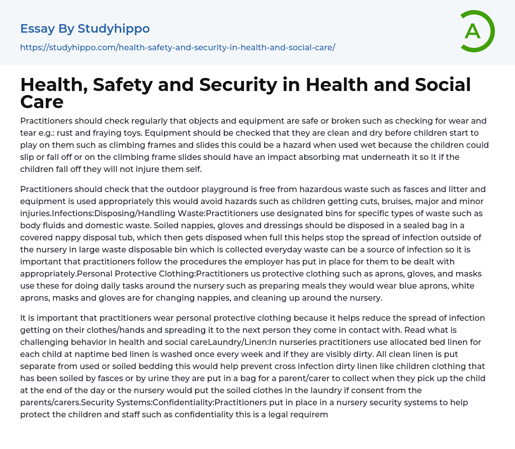 Health, Safety and Security in Health and Social Care Essay Example