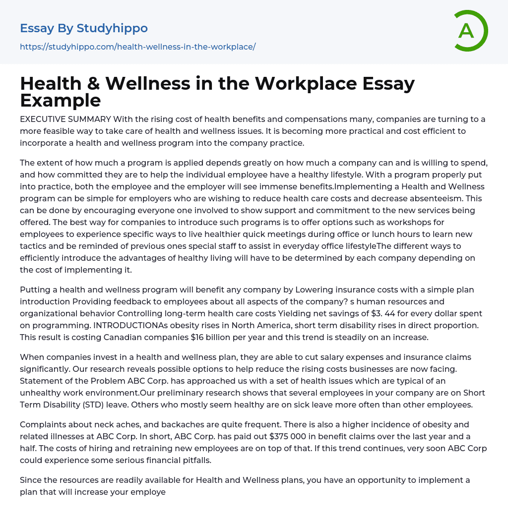 Health & Wellness in the Workplace Essay Example