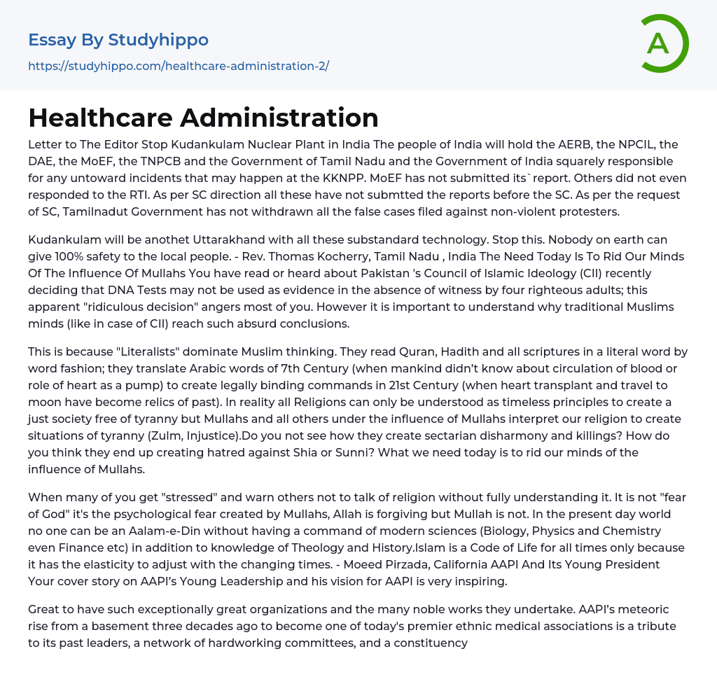 Healthcare Administration Essay Example