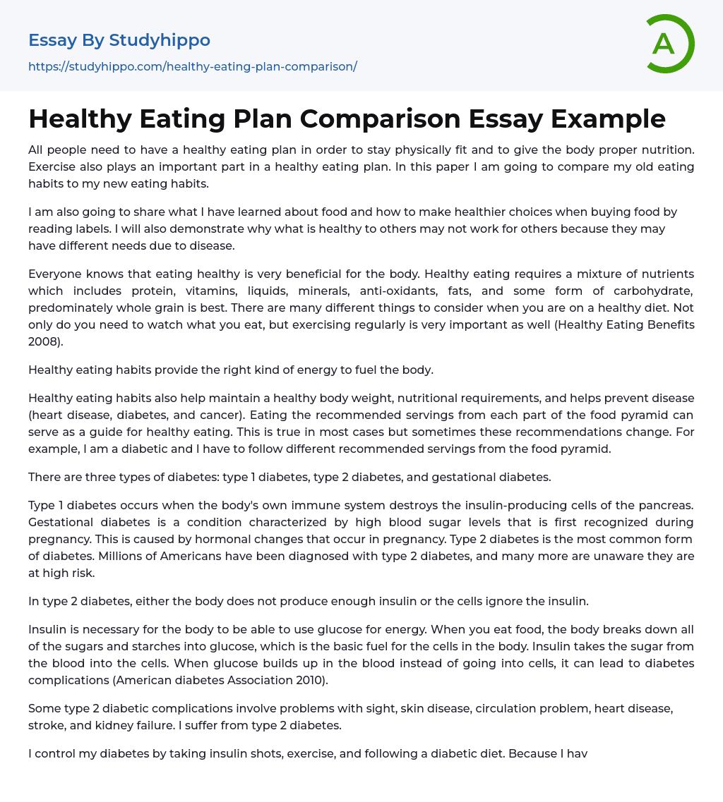 Healthy Eating Plan Comparison Essay Example