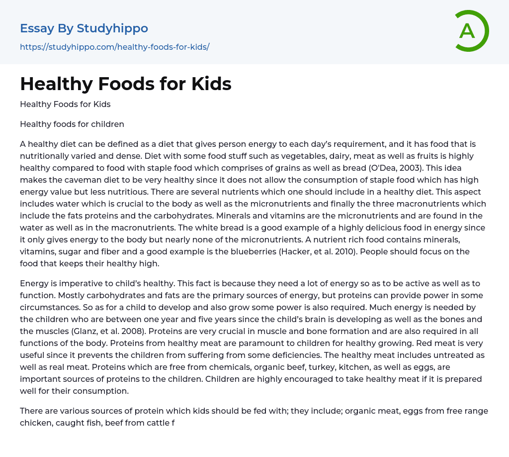 Healthy Foods for Kids Essay Example