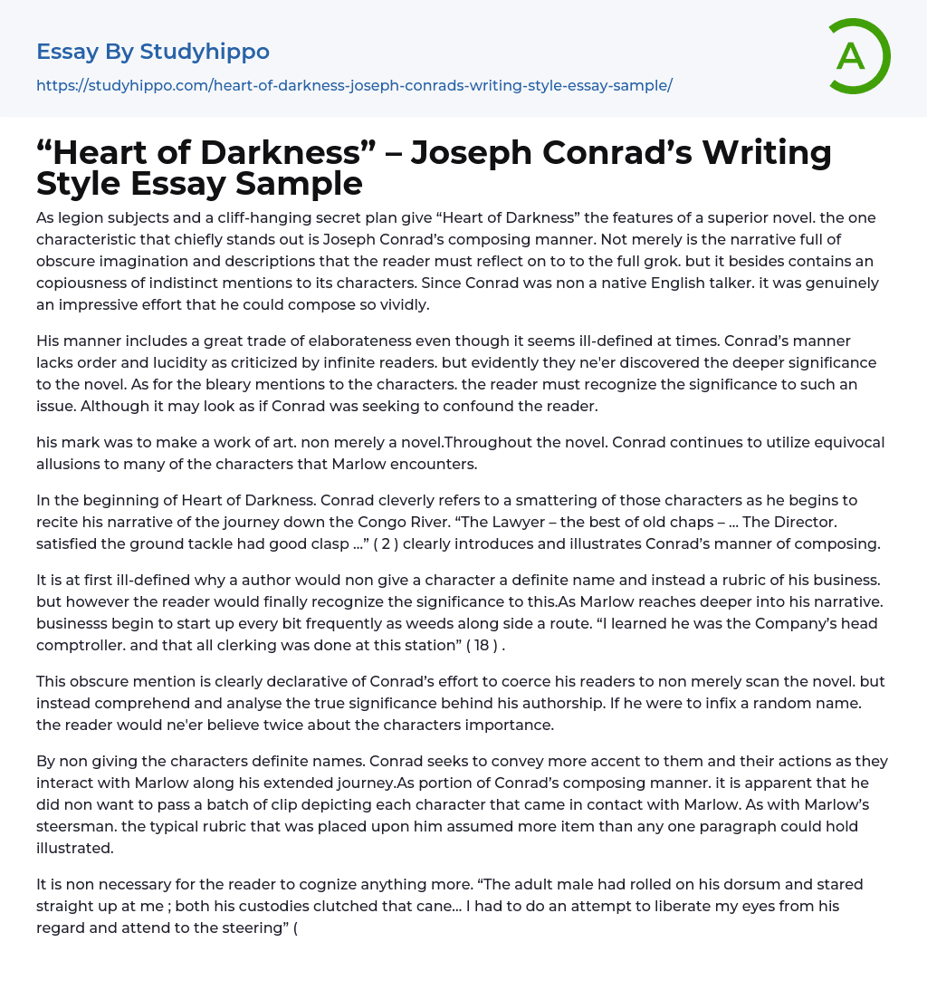 “Heart of Darkness” – Joseph Conrad’s Writing Style Essay Sample