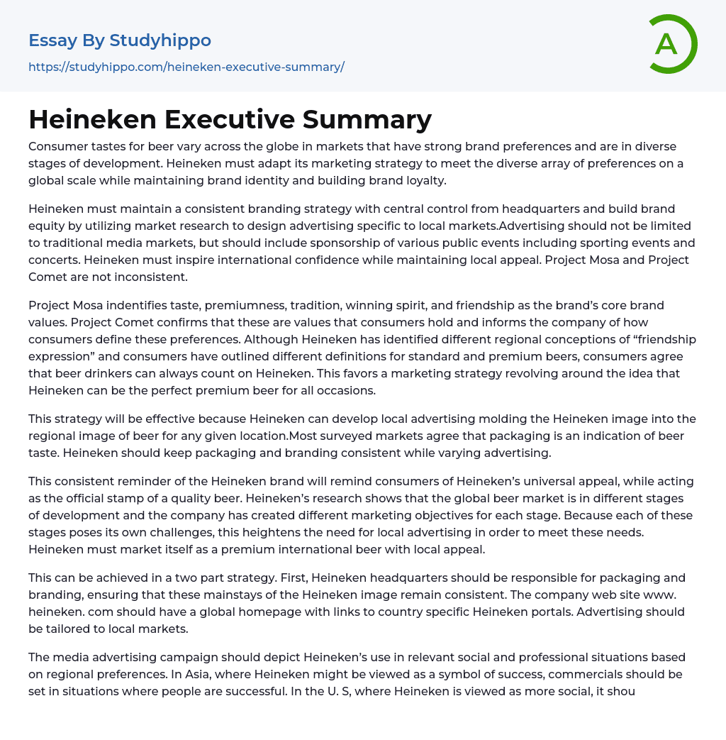 Heineken Executive Summary Essay Example