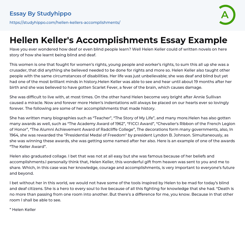 Hellen Keller’s Accomplishments Essay Example