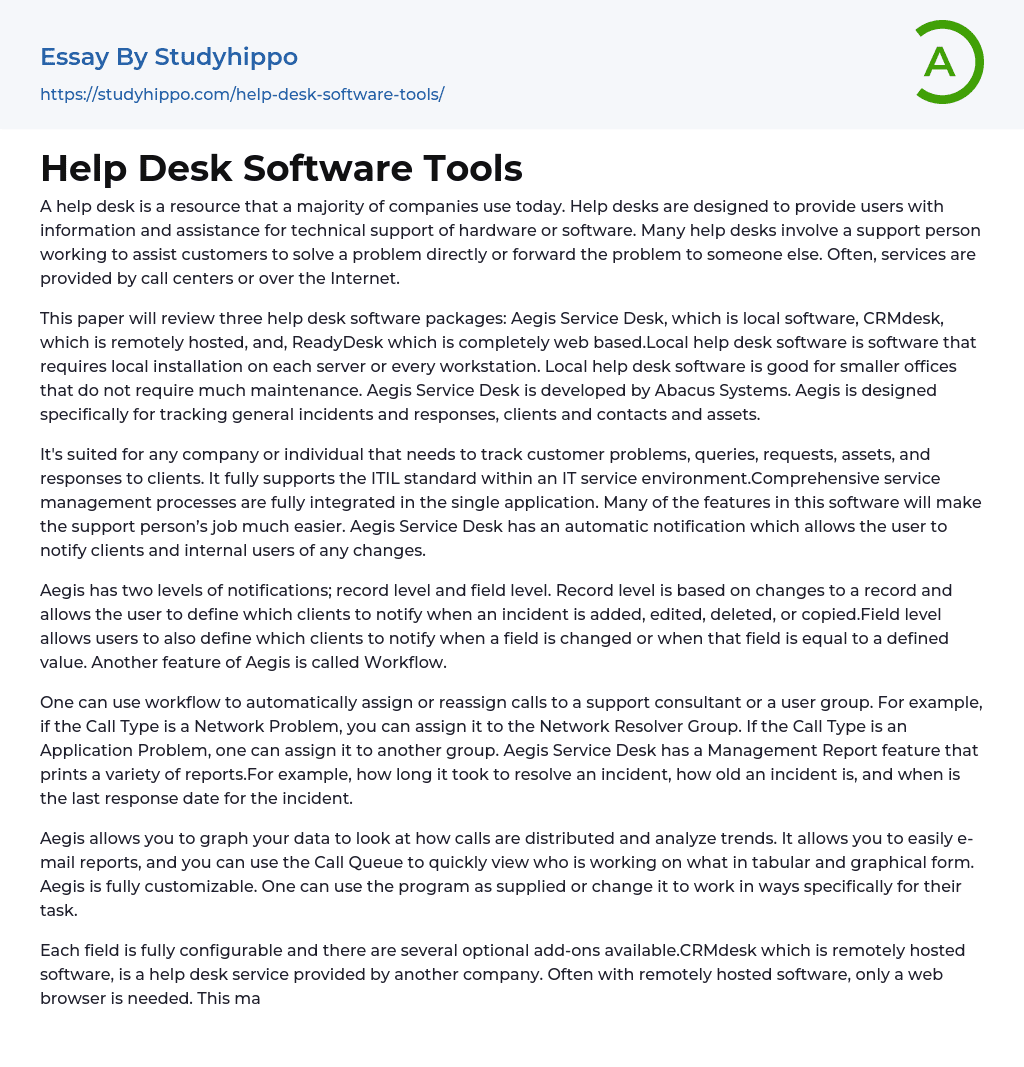 Help Desk Software Tools Essay Example