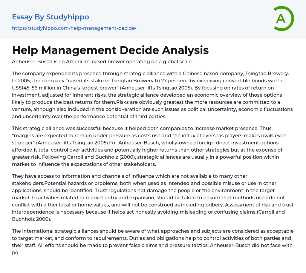 Help Management Decide Analysis Essay Example
