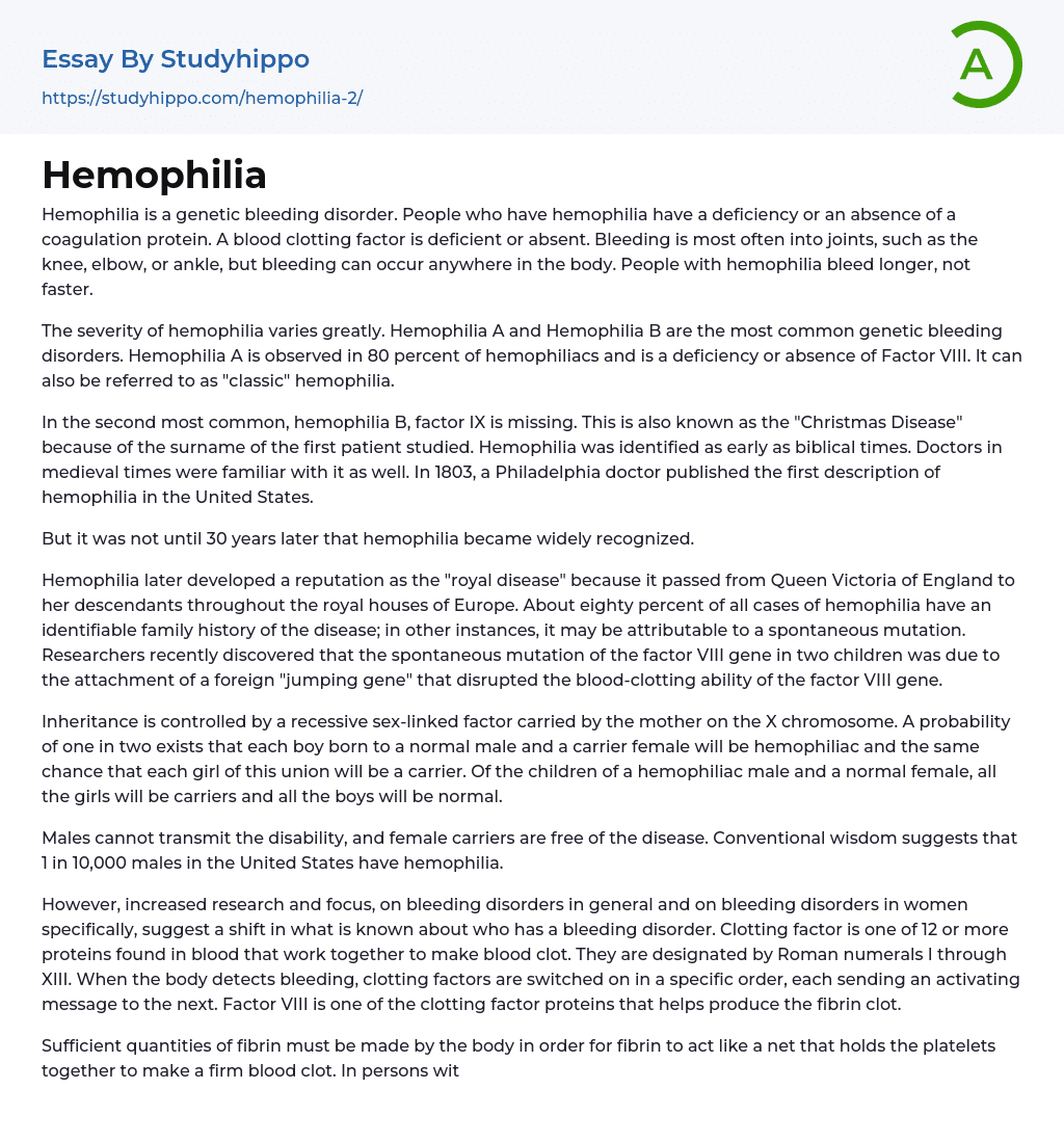 Hemophilia Essay Example
