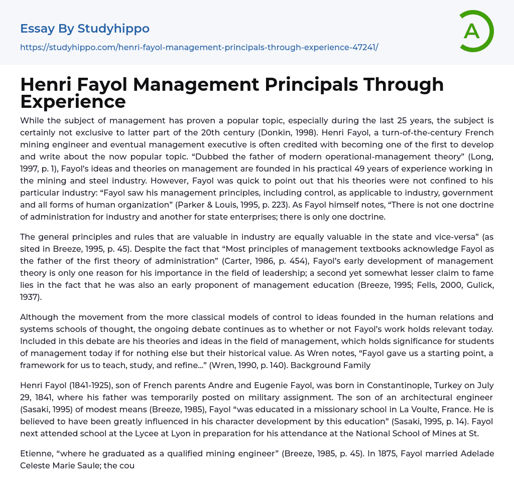 Henri Fayol Management Principals Through Experience Essay Example