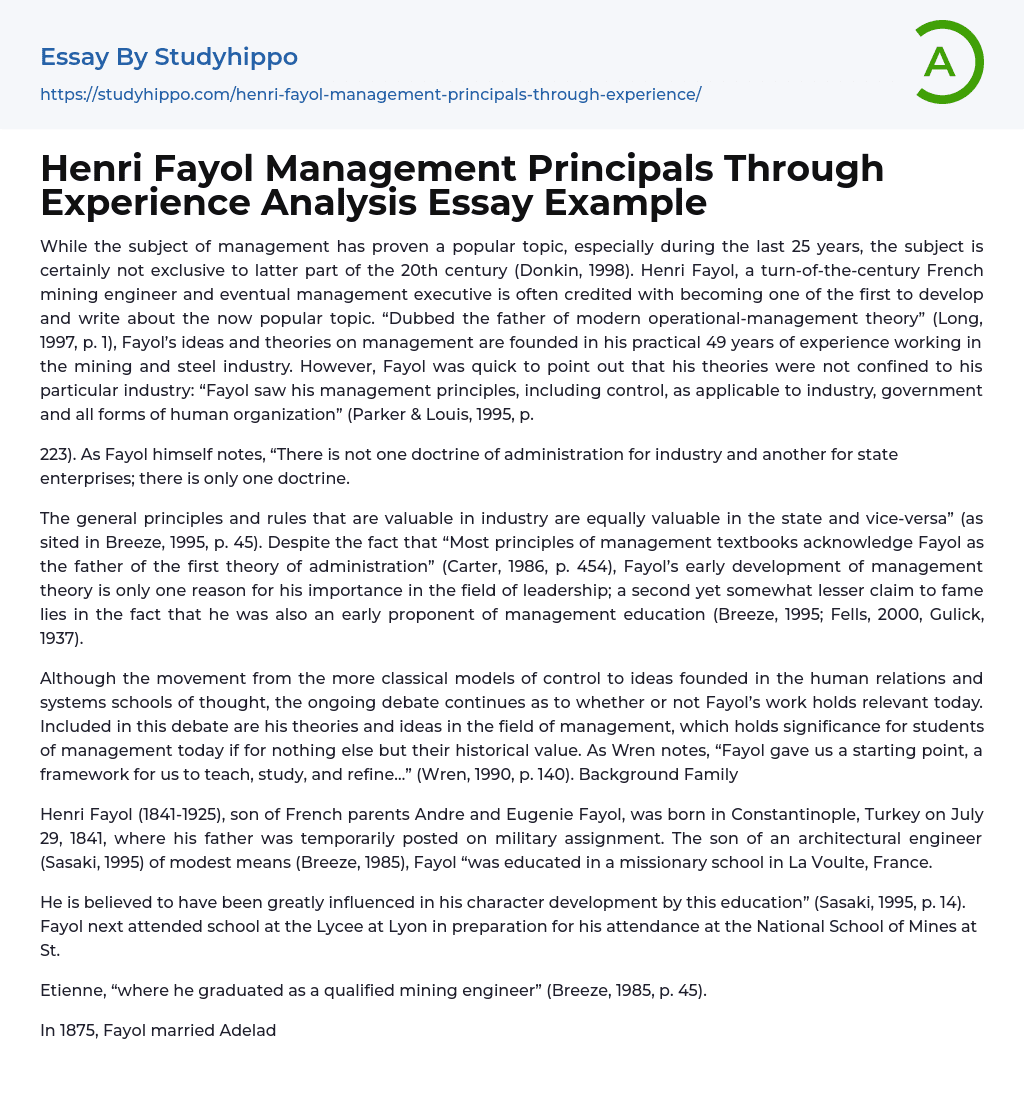 Henri Fayol Management Principals Through Experience Analysis Essay Example