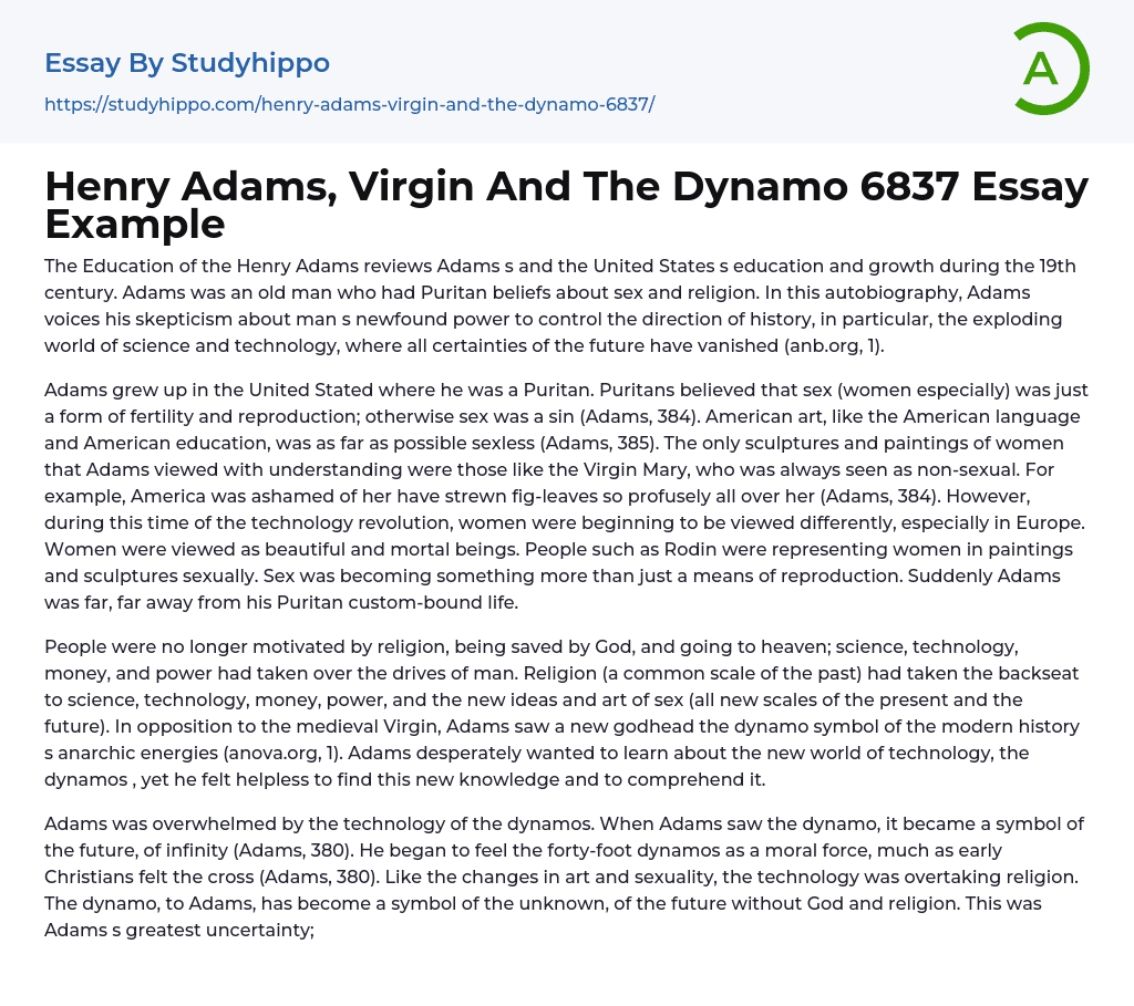 Henry Adams, Virgin And The Dynamo 6837 Essay Example