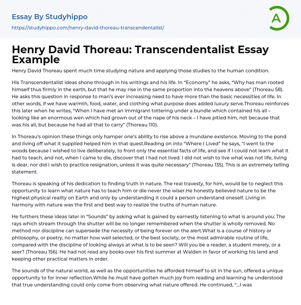 Henry David Thoreau: Transcendentalist Essay Example