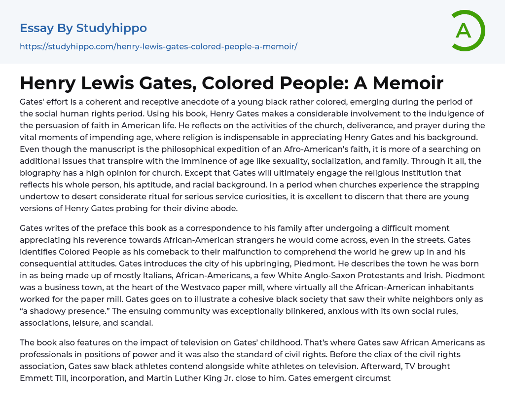 Henry Lewis Gates, Colored People: A Memoir Essay Example
