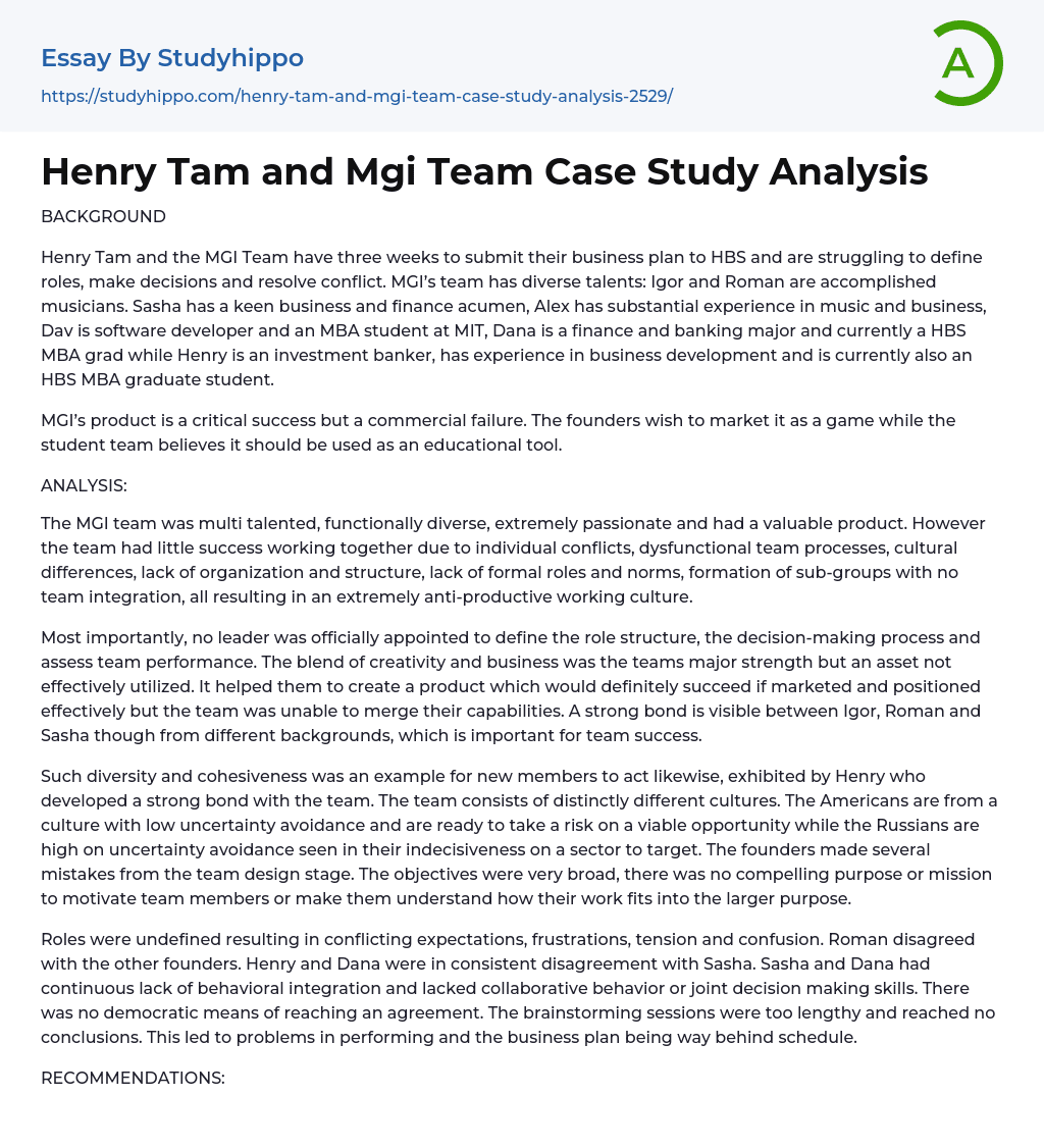 Henry Tam and Mgi Team Case Study Analysis Essay Example