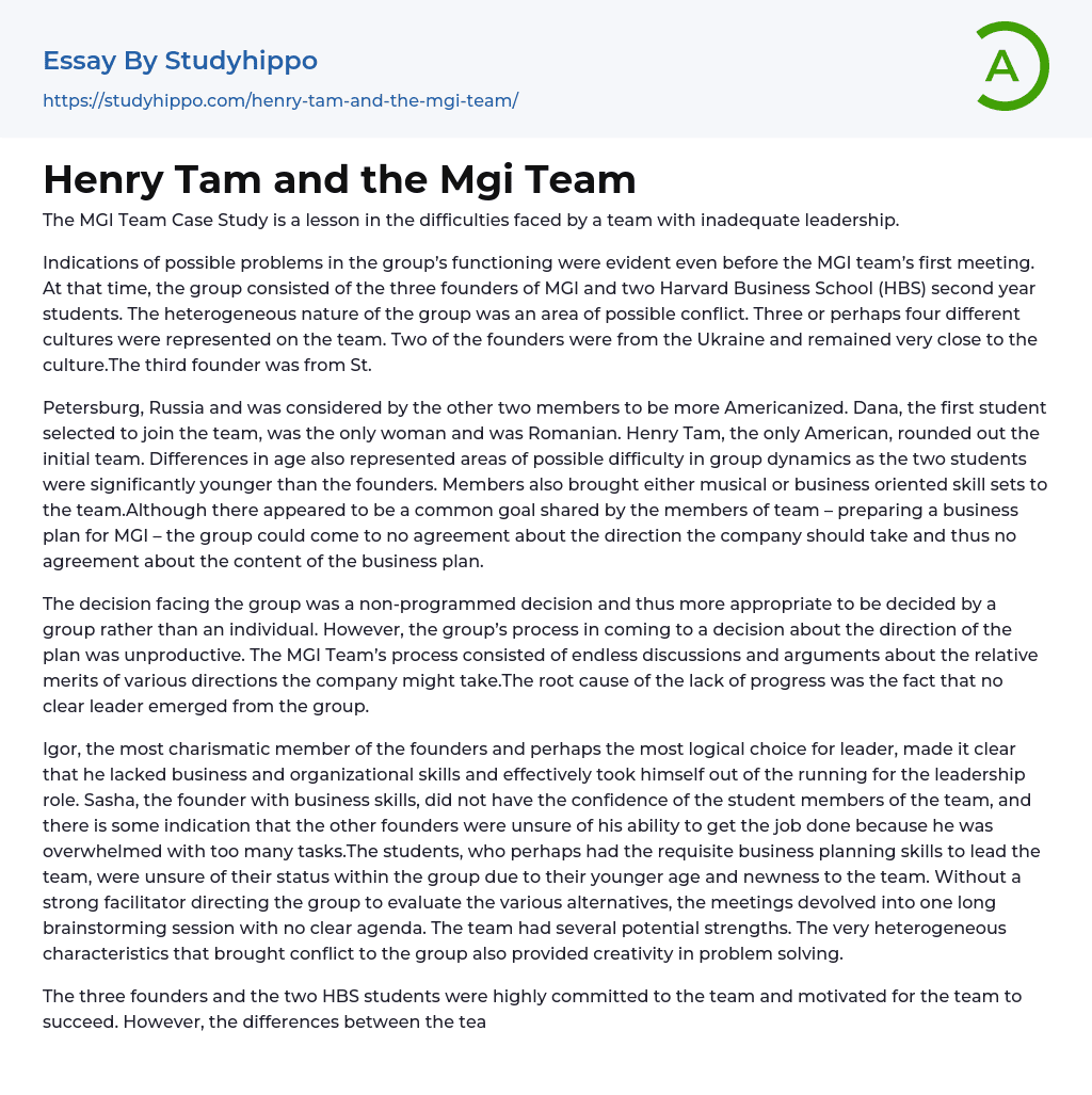 Henry Tam and the Mgi Team Essay Example