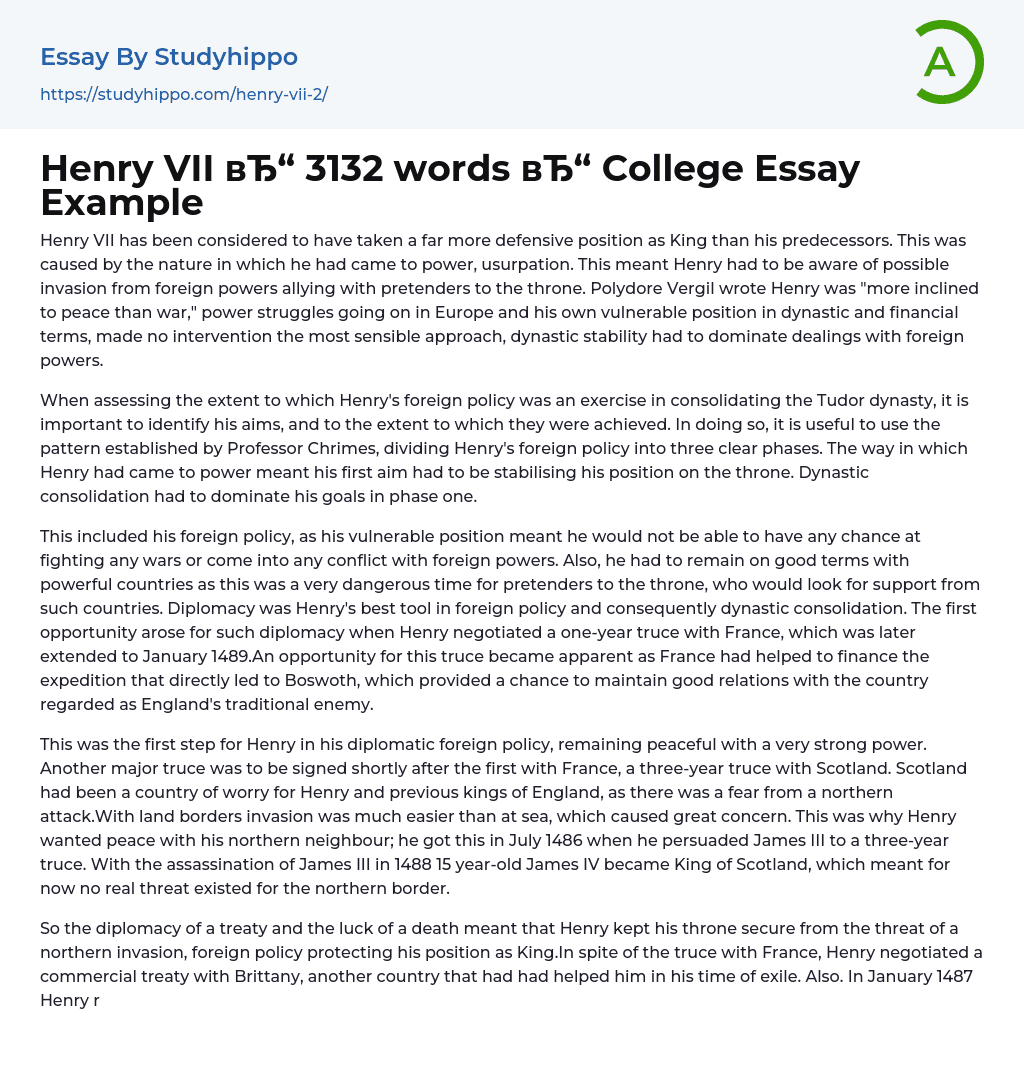 Henry VII 3132 words College Essay Example