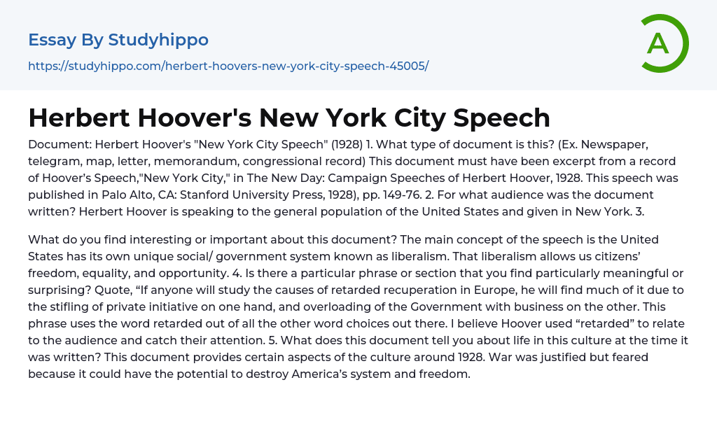 Herbert Hoover’s New York City Speech Essay Example