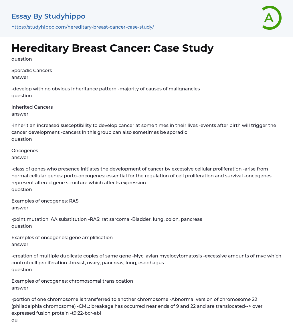 Hereditary Breast Cancer: Case Study Essay Example