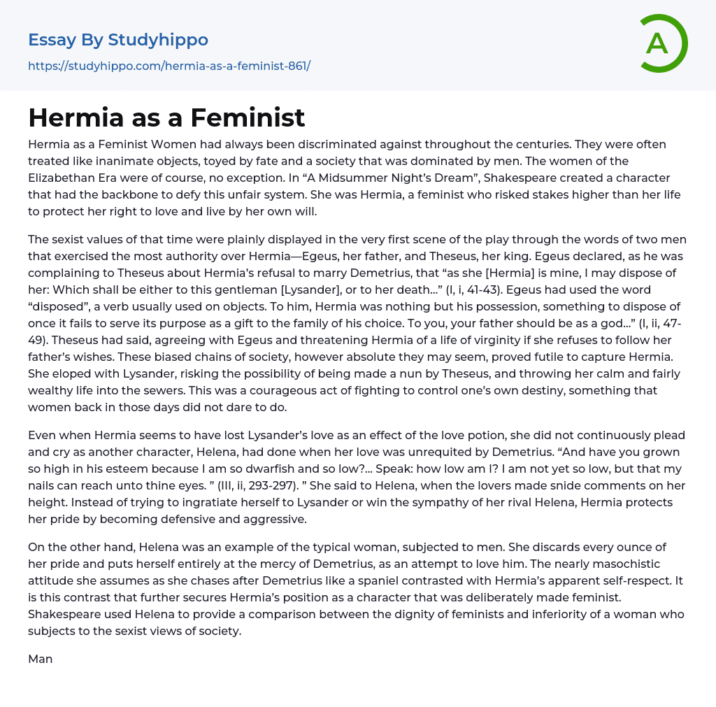 Hermia as a Feminist Essay Example