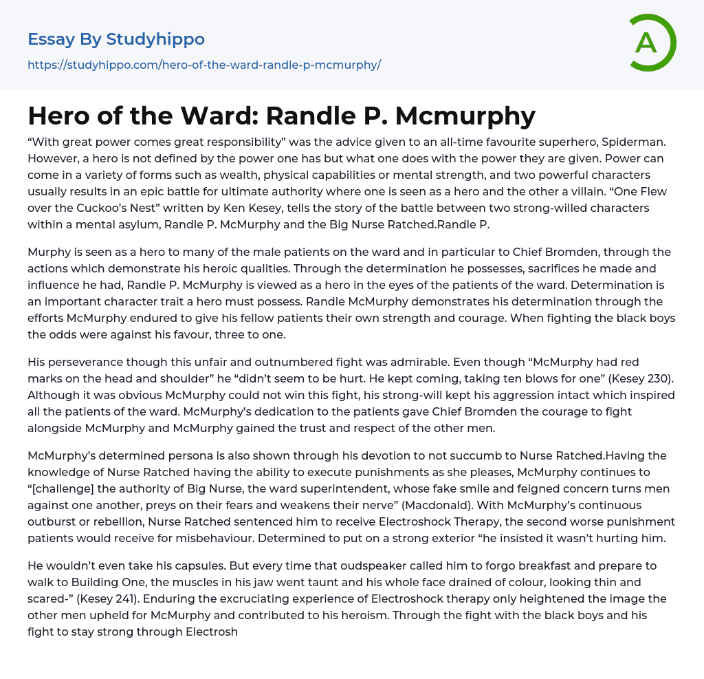 Hero of the Ward: Randle P. Mcmurphy Essay Example