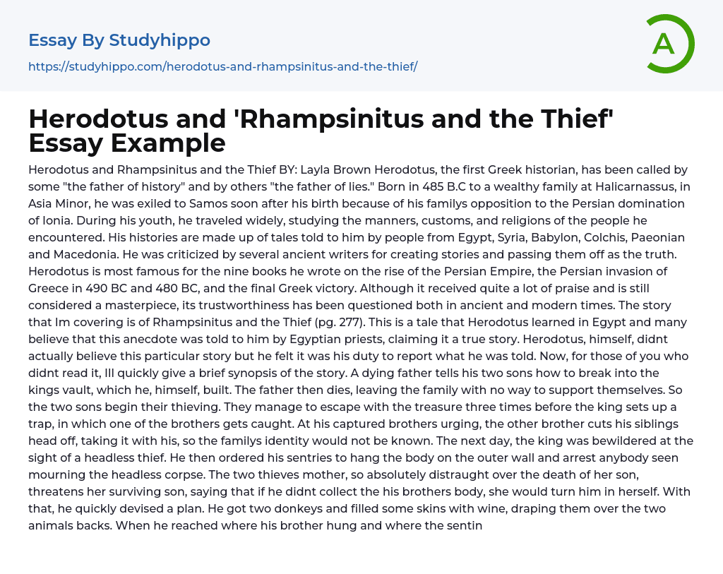 Herodotus and ‘Rhampsinitus and the Thief’ Essay Example