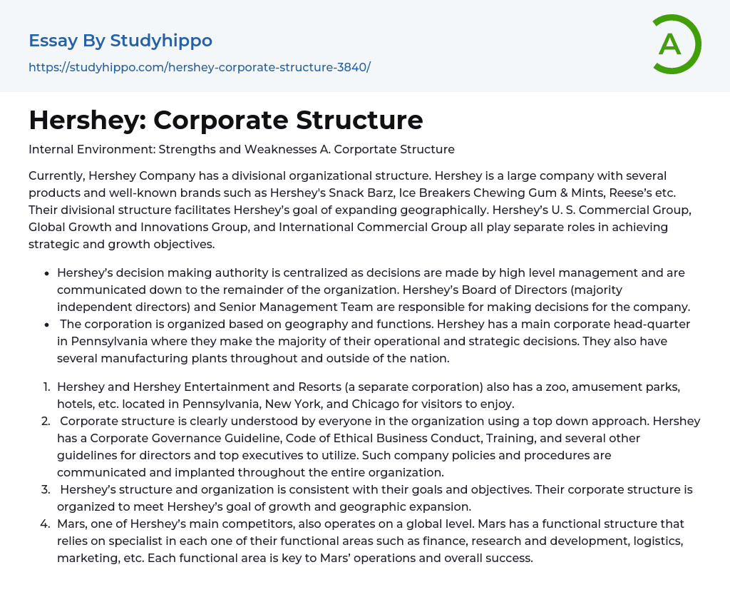 Hershey: Corporate Structure Essay Example